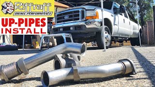 2001 F350 73  RiffRaff UpPipes Install  Stock up pipes leaking and falling apart JUNK SP [upl. by Ahsilam]